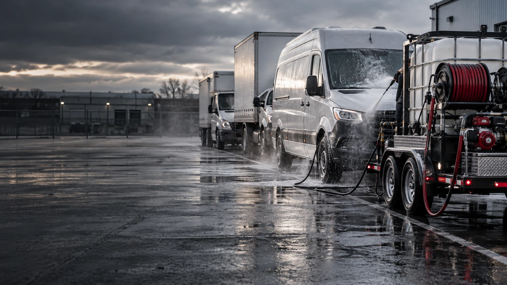 EDC3 mobile fleet washing unit pressure-washing a row of commercial vans and trucks on-site at a client lot